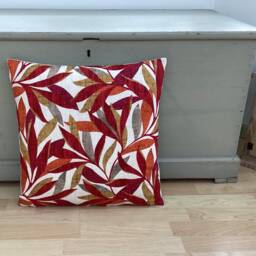 Handmade Tropical Leaf Throw Pillow Cushion Mauritius Rosso Linen, Feather Filled - Set Of 2 - thumbnail 3