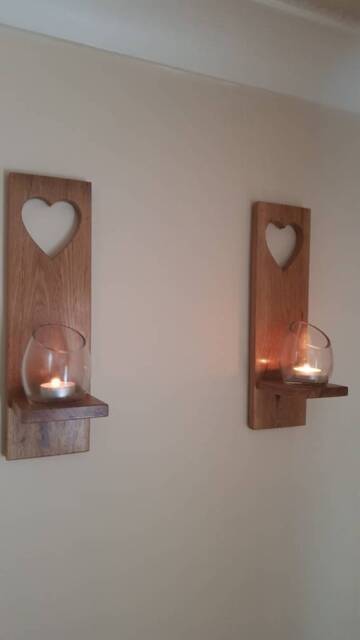 Wooden Candle Sconces - Pair Of Solid Oak Handmade With Heart Cut Out Detail Size 35 X 10 cm . Candles/Glass Not Included - image 1