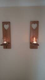 Wooden Candle Sconces - Pair Of Solid Oak Handmade With Heart Cut Out Detail Size 35 X 10 cm . Candles/Glass Not Included - thumbnail 2