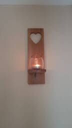 Wooden Candle Sconces - Pair Of Solid Oak Handmade With Heart Cut Out Detail Size 35 X 10 cm . Candles/Glass Not Included - thumbnail 3