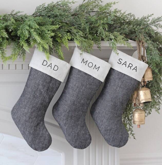 Personalized Stonewashed Christmas Stocking - Black Linen Stockings Neutral Socks Custom Family Name - image 1