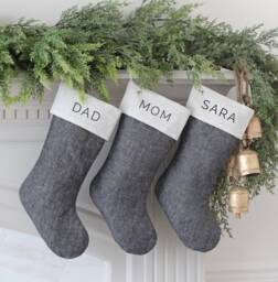 Personalized Stonewashed Christmas Stocking - Black Linen Stockings Neutral Socks Custom Family Name