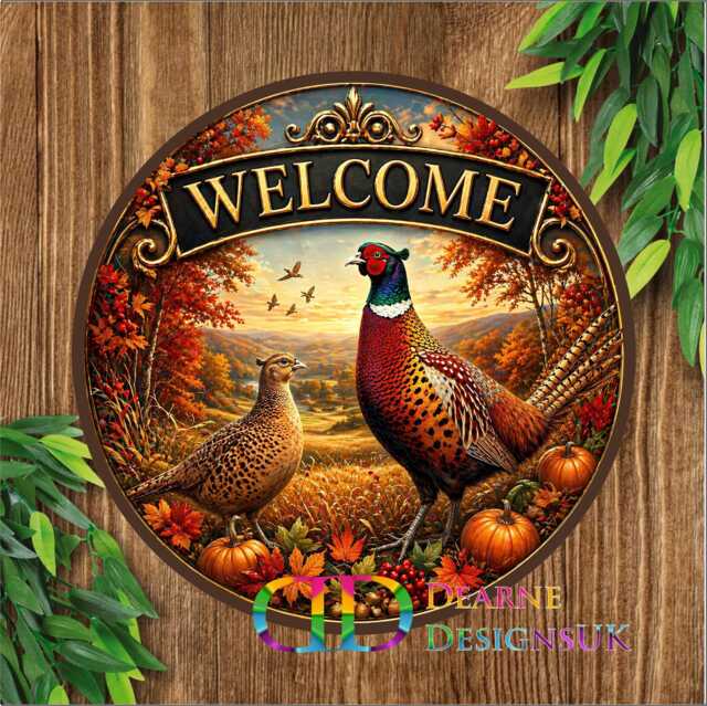 Pheasant Welcome Sign, Autumn Farmhouse Decor, Fall Door Rustic Country Wall Art, Hunting Lodge Thanksgiving - image 1
