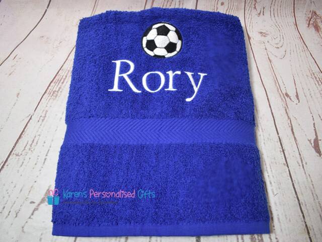 Personalised Kids Bath Towel, Royal Blue Football Children's Swim Embroidered - Choice Of Colours - image 1