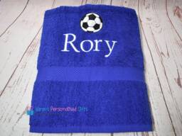 Personalised Kids Bath Towel, Royal Blue Football Children's Swim Embroidered - Choice Of Colours - thumbnail 1