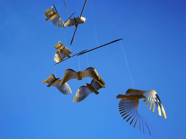 Large Brass Bird Flock Mobile, Kinetic Metal Art Sculpture, Ready To Hang - image 1
