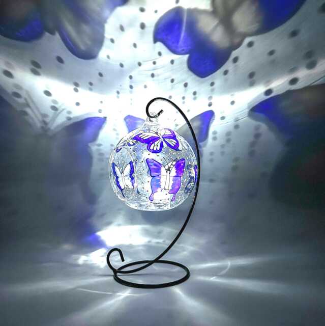 Hand-Painted Blue Butterfly Glass Candle Holder With Metal Stand - image 1
