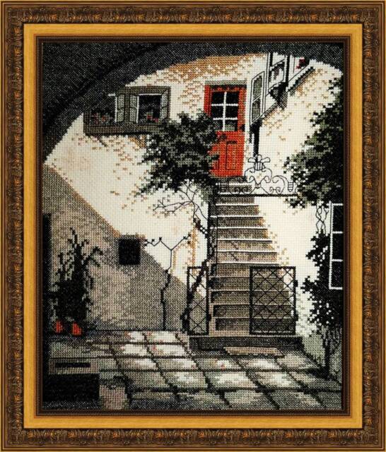 Framed Handmade Cross Stitch Old Courtyard Scene, Wall Decor - 23x28 cm - image 1