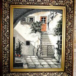 Framed Handmade Cross Stitch Old Courtyard Scene, Wall Decor - 23x28 cm - thumbnail 2