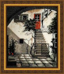 Framed Handmade Cross Stitch Old Courtyard Scene, Wall Decor - 23x28 cm - thumbnail 1