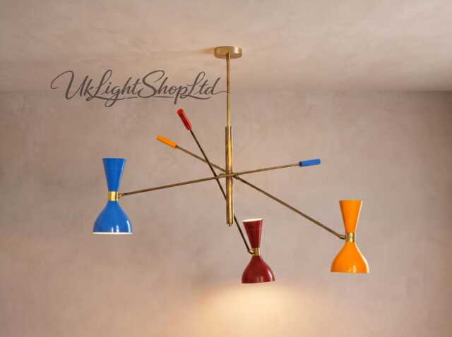 Mid Century Modern Sputnik Chandelier - Multi Color Cone Shade Pendant Light Stilnovo Style Brass Ceiling Fixture Retro Italian Lamp - image 1