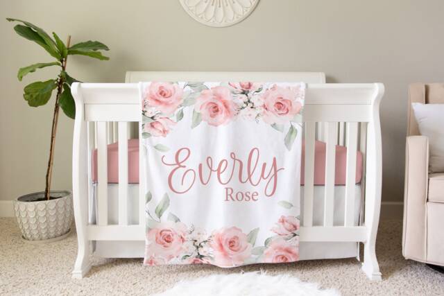 Rose Personalized Blanket, Custom Baby Shower Gift, Nursery Crib Newborn Photos Prop, Bb10 - image 1