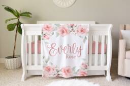 Rose Personalized Blanket, Custom Baby Shower Gift, Nursery Crib Newborn Photos Prop, Bb10 - thumbnail 1