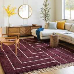 Hand Tufted Burgundy White Geometric Moroccan Rug, Berber Shag Large Living Room Area Rugs - thumbnail 3
