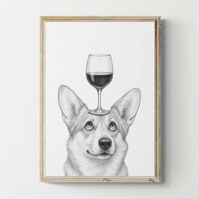 Corgi Dog Art Print, Funny & Wine Drawing, Lover Wall Decor, Lovers Gifts - image 1