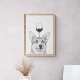 Corgi Dog Art Print, Funny & Wine Drawing, Lover Wall Decor, Lovers Gifts - thumbnail 2