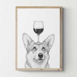 Corgi Dog Art Print, Funny & Wine Drawing, Lover Wall Decor, Lovers Gifts - thumbnail 1