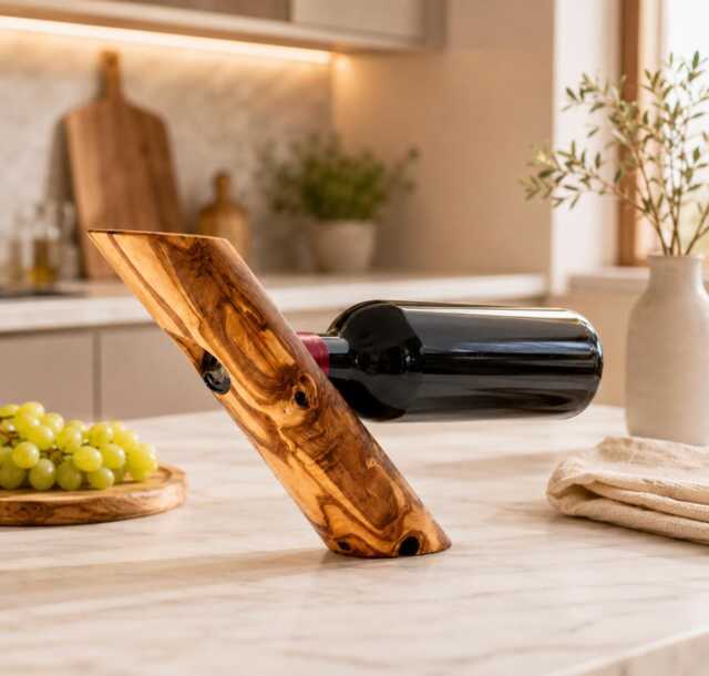 Olive Wood Wine Bottle Holder Handmade Rustic Stand Natural Display Gift Kitchen Bar Decor - image 1