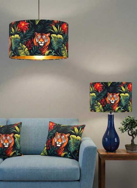 Handmade By Order Luxury Jungle & Bangal Tiger On Velvet Drum Lamp Shade Pendant Light All Shapes Sizes - image 1
