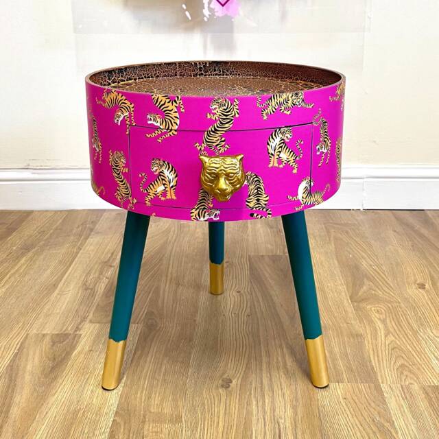 Hot Pink Magenta Tiger Round Bedside Table . Fun Bright Home Decor Ideal For Nightstand Or Side Table. Comes With Inbuilt Drawer - image 1