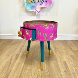Hot Pink Magenta Tiger Round Bedside Table . Fun Bright Home Decor Ideal For Nightstand Or Side Table. Comes With Inbuilt Drawer - thumbnail 2