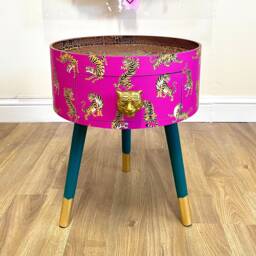 Hot Pink Magenta Tiger Round Bedside Table . Fun Bright Home Decor Ideal For Nightstand Or Side Table. Comes With Inbuilt Drawer - thumbnail 1