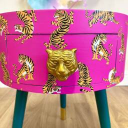Hot Pink Magenta Tiger Round Bedside Table . Fun Bright Home Decor Ideal For Nightstand Or Side Table. Comes With Inbuilt Drawer - thumbnail 3