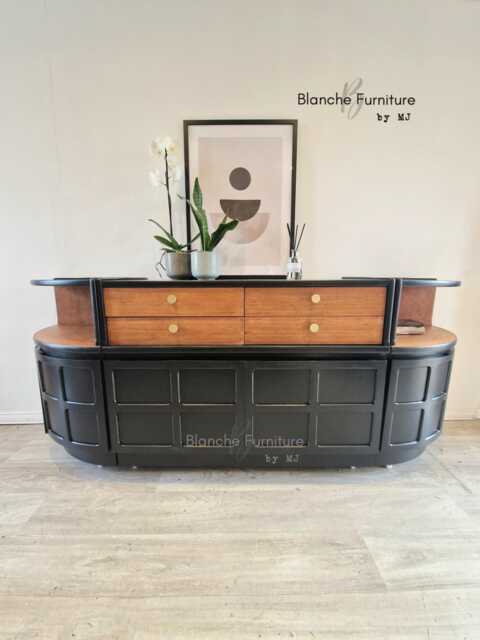 stunning, Very Large Curved Sideboard, By Nathan in Black & Walnut On Gold Hairpin Legs - image 1