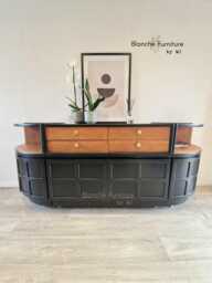 stunning, Very Large Curved Sideboard, By Nathan in Black & Walnut On Gold Hairpin Legs