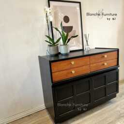 stunning, Very Large Curved Sideboard, By Nathan in Black & Walnut On Gold Hairpin Legs - thumbnail 4
