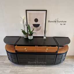 stunning, Very Large Curved Sideboard, By Nathan in Black & Walnut On Gold Hairpin Legs - thumbnail 3