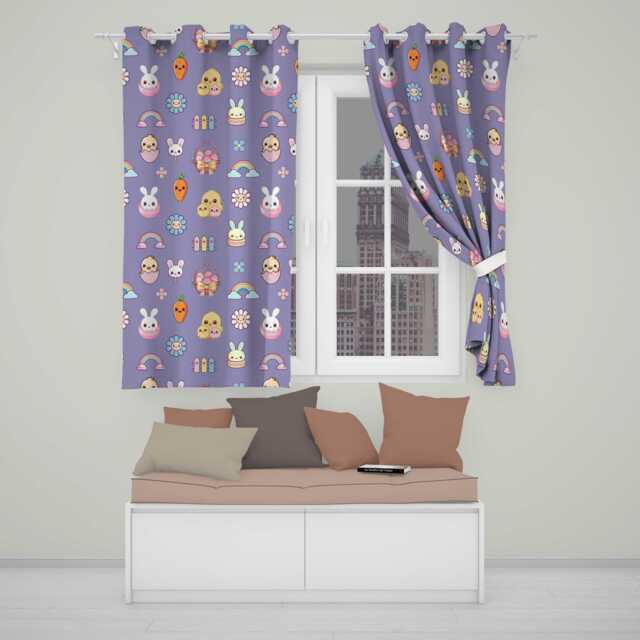 Easter Chick Bunny Macaron Carrot Rainbow Seamless Pattern Purple Background Readymade Eyelet Ring Top Thermal 100% Blackout Curtains - image 1