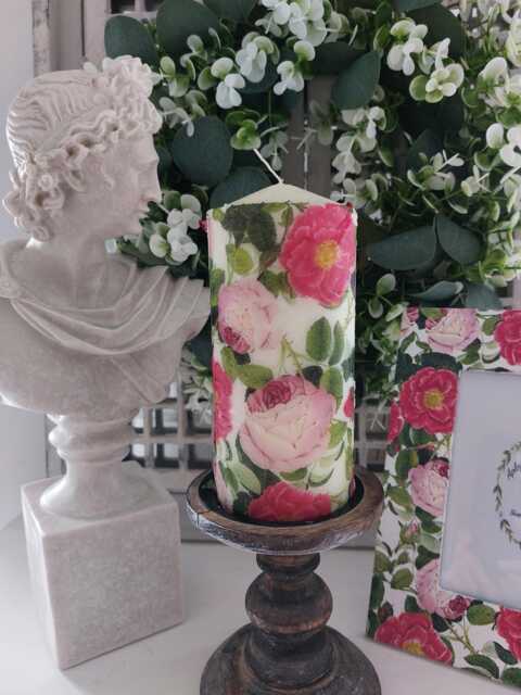 Beautiful Vintage Pink Roses Wax Or Flameless Pillar Candles - image 1