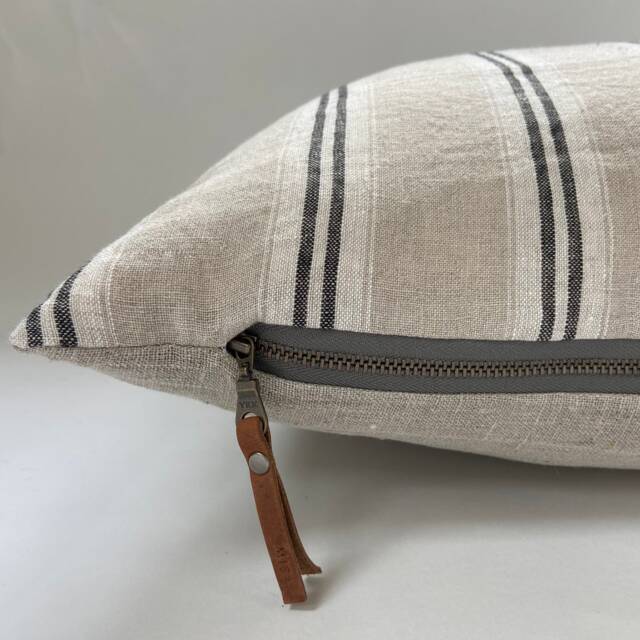 Black White & Tan Striped Linen Pillow Cover Exposed Zipper-Leather Pull - 14x24 20x20 -High Quality - image 1
