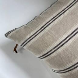 Black White & Tan Striped Linen Pillow Cover Exposed Zipper-Leather Pull - 14x24 20x20 -High Quality - thumbnail 3
