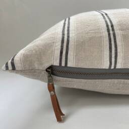 Black White & Tan Striped Linen Pillow Cover Exposed Zipper-Leather Pull - 14x24 20x20 -High Quality - thumbnail 1