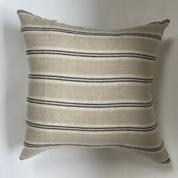 Black White & Tan Striped Linen Pillow Cover Exposed Zipper-Leather Pull - 14x24 20x20 -High Quality - thumbnail 2