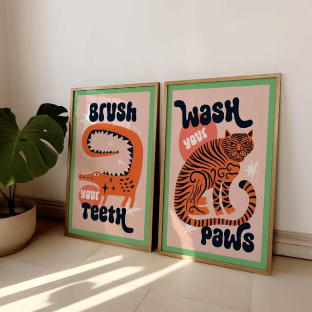 Tiger Wash Your Paws Bathroom Print Set, Fun Toilet Wall Art, Funny Poster, Funky Home Decor, Maximalist Trendy, Colourful Jungle Art - image 1