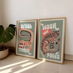 Tiger Wash Your Paws Bathroom Print Set, Fun Toilet Wall Art, Funny Poster, Funky Home Decor, Maximalist Trendy, Colourful Jungle Art - thumbnail 2