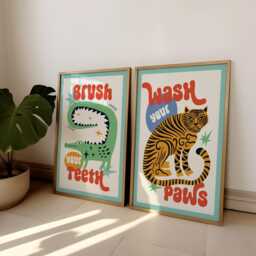 Tiger Wash Your Paws Bathroom Print Set, Fun Toilet Wall Art, Funny Poster, Funky Home Decor, Maximalist Trendy, Colourful Jungle Art - thumbnail 3