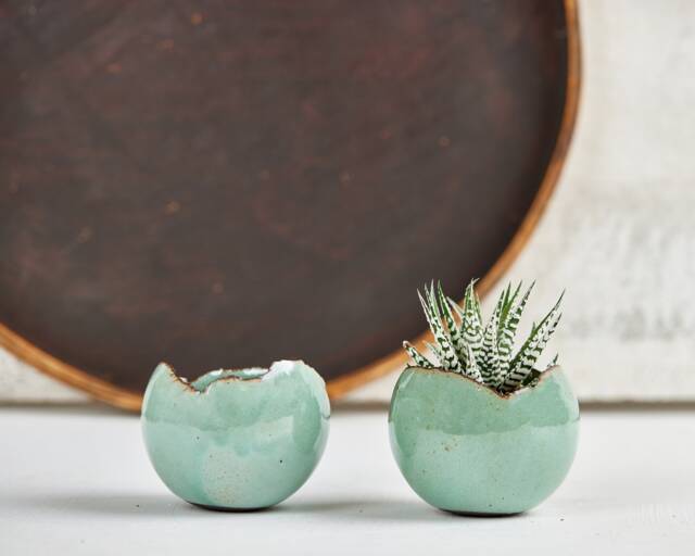 Set Of 2 Medium Turquoise Pottery Handmade Round Planters For Indoor Or Outdoor, Cacti Succulent Planters, New Home Gift - image 1