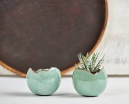 Set Of 2 Medium Turquoise Pottery Handmade Round Planters For Indoor Or Outdoor, Cacti Succulent Planters, New Home Gift - thumbnail 1