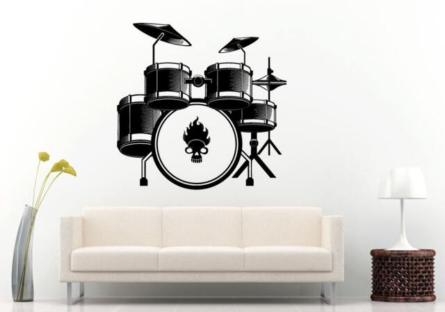 Musical Drums Drum Set With Flaming Skull Head in The Kick Tool Wall Decal Vinyl Sticker Mural Room Decor L1243 - image 1