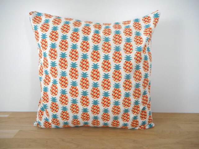 Cushion Cover 40 X cm, White Fabric Printed With Pineapple, Green Red Orange, Interior Decoration, Trendy, Exotic, Tropical, Fruits - image 1