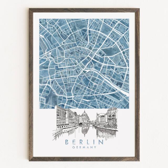 Berlin Map Hand Painted Watercolor Print Germany City Block Plan - Art Print Anniversary Wedding Graduation Gift European Travel - image 1
