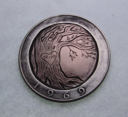 Hand Carved Hobo Nickel Love Token Sweetheart Tree, Kennedy Half Dollar - thumbnail 1