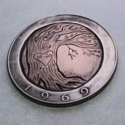 Hand Carved Hobo Nickel Love Token Sweetheart Tree, Kennedy Half Dollar - thumbnail 3
