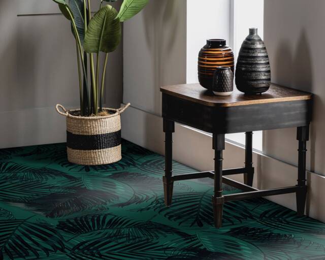 Leafy Palm Tree Darkness Vinyl Flooring, Green Linoleum in Roll, Black Retro Floor Art, Jungle Cover, Sheet - image 1