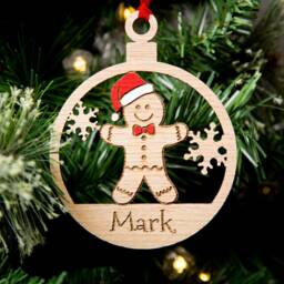 Christmas Decorations, Personalised Bauble, Wood Engraved Xmas Ornament, Gingerbread Man - thumbnail 1