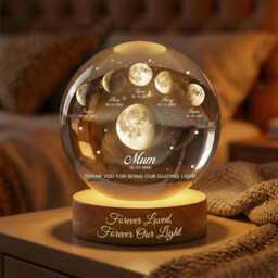 Personalized Multi Moon Crystal Ball Night Light, Custom Family Name Birth Date Lamp, Mom Gift, Led Wooden Base Decor - thumbnail 1